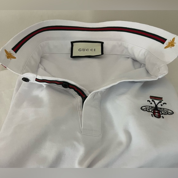 GUCCI Men’s Classic Style White Cotton Polo Shirt Embroidered Bee/Logo; Size XXL - Picture 7 of 12